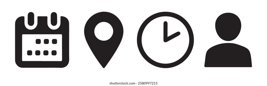 Set of vector Icon Illustrations Representing Time Date Location and Person