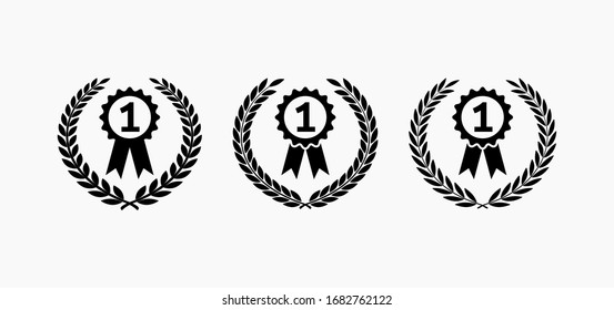 Set of vector icon of laurel wreaths with medals for the first place in black on a white background.
