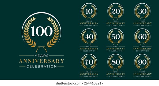 Set of vector icon or logo designs for 10th to 100th anniversary with laurel wreath, in gold color for celebrations, weddings and birthdays