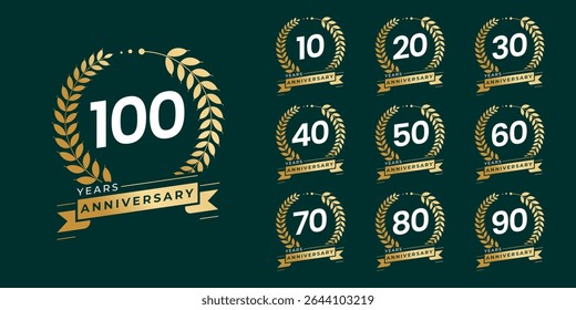 Set of vector icon or logo designs for 10th to 100th anniversary with laurel wreath, in gold color for celebrations, weddings and birthdays