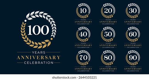 Set of vector icon or logo designs for 10th to 100th anniversary with laurel wreath, in gold color for celebrations, weddings and birthdays