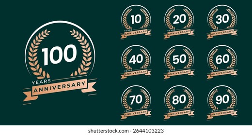 Set of vector icon or logo designs for 10th to 100th anniversary with laurel wreath, in gold color for celebrations, weddings and birthdays