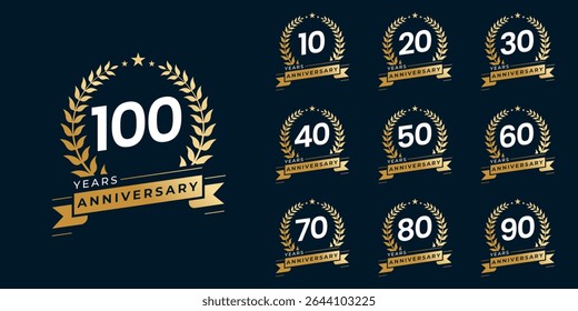 Set of vector icon or logo designs for 10th to 100th anniversary with laurel wreath, in gold color for celebrations, weddings and birthdays
