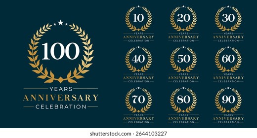 Set of vector icon or logo designs for 10th to 100th anniversary with laurel wreath, in gold color for celebrations, weddings and birthdays