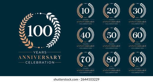 Set of vector icon or logo designs for 10th to 100th anniversary with laurel wreath, in gold color for celebrations, weddings and birthdays