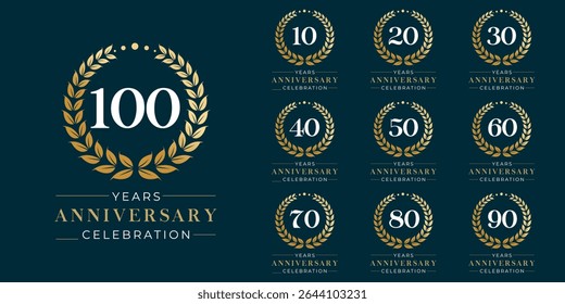Set of vector icon or logo designs for 10th to 100th anniversary with laurel wreath, in gold color for celebrations, weddings and birthdays
