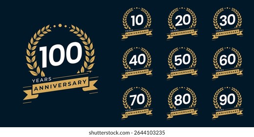Set of vector icon or logo designs for 10th to 100th anniversary with laurel wreath, in gold color for celebrations, weddings and birthdays