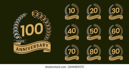 Set of vector icon or logo designs for 10th to 100th anniversary with laurel wreath, in gold color for celebrations, weddings and birthdays
