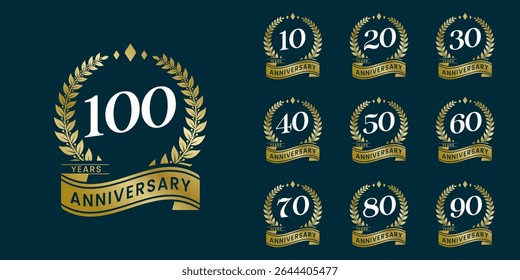 Set of vector icon or logo designs for 10th to 100th anniversary with laurel wreath, in gold color for celebrations, weddings and birthdays