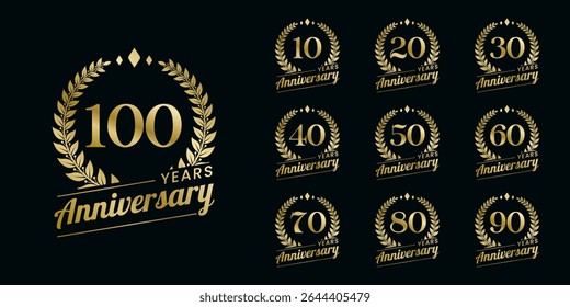 Set of vector icon or logo designs for 10th to 100th anniversary with laurel wreath, in gold color for celebrations, weddings and birthdays