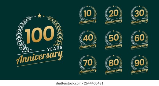 Set of vector icon or logo designs for 10th to 100th anniversary with laurel wreath, in gold color for celebrations, weddings and birthdays
