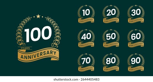 Set of vector icon or logo designs for 10th to 100th anniversary with laurel wreath, in gold color for celebrations, weddings and birthdays