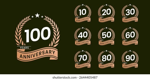 Set of vector icon or logo designs for 10th to 100th anniversary with laurel wreath, in gold color for celebrations, weddings and birthdays