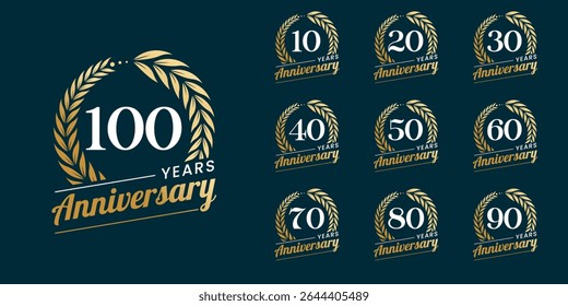 Set of vector icon or logo designs for 10th to 100th anniversary with laurel wreath, in gold color for celebrations, weddings and birthdays