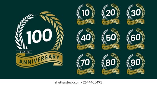 Set of vector icon or logo designs for 10th to 100th anniversary with laurel wreath, in gold color for celebrations, weddings and birthdays