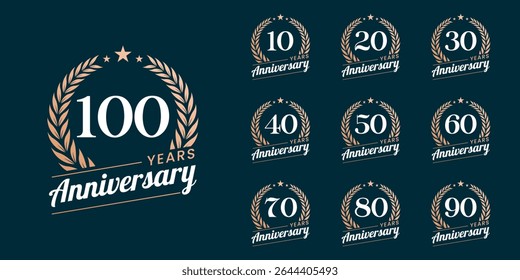 Set of vector icon or logo designs for 10th to 100th anniversary with laurel wreath, in gold color for celebrations, weddings and birthdays