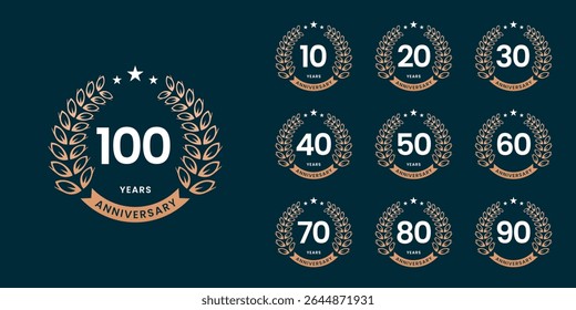 Set of vector icon or logo designs for 10th to 100th anniversary with laurel wreath, in gold color for celebrations, weddings and birthdays