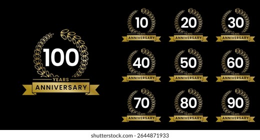 Set of vector icon or logo designs for 10th to 100th anniversary with laurel wreath, in gold color for celebrations, weddings and birthdays