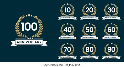 Set of vector icon or logo designs for 10th to 100th anniversary with laurel wreath, in gold color for celebrations, weddings and birthdays
