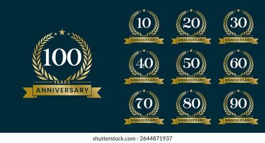 Set of vector icon or logo designs for 10th to 100th anniversary with laurel wreath, in gold color for celebrations, weddings and birthdays