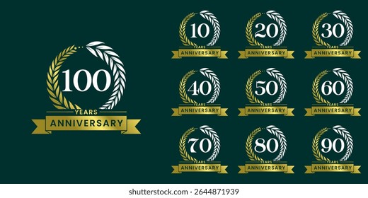 Set of vector icon or logo designs for 10th to 100th anniversary with laurel wreath, in gold color for celebrations, weddings and birthdays