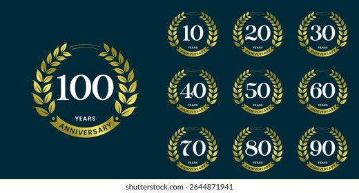 Set of vector icon or logo designs for 10th to 100th anniversary with laurel wreath, in gold color for celebrations, weddings and birthdays