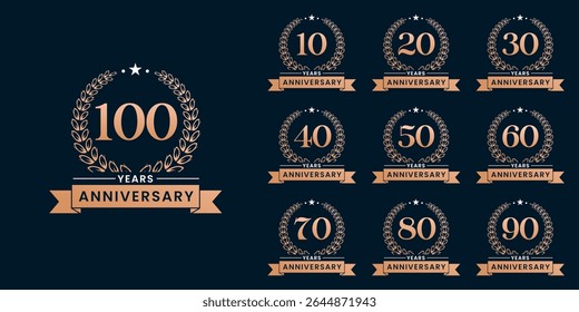 Set of vector icon or logo designs for 10th to 100th anniversary with laurel wreath, in gold color for celebrations, weddings and birthdays