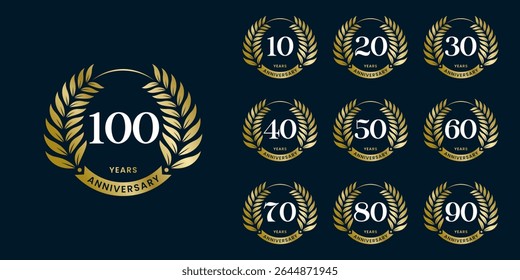 Set of vector icon or logo designs for 10th to 100th anniversary with laurel wreath, in gold color for celebrations, weddings and birthdays