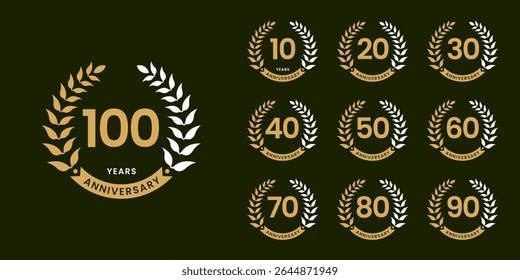 Set of vector icon or logo designs for 10th to 100th anniversary with laurel wreath, in gold color for celebrations, weddings and birthdays