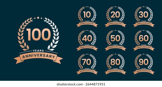 Set of vector icon or logo designs for 10th to 100th anniversary with laurel wreath, in gold color for celebrations, weddings and birthdays