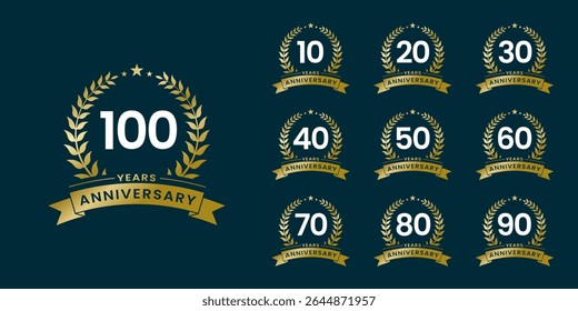 Set of vector icon or logo designs for 10th to 100th anniversary with laurel wreath, in gold color for celebrations, weddings and birthdays