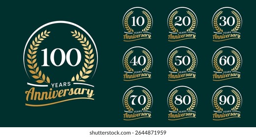 Set of vector icon or logo designs for 10th to 100th anniversary with laurel wreath, in gold color for celebrations, weddings and birthdays