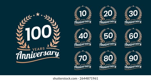 Set of vector icon or logo designs for 10th to 100th anniversary with laurel wreath, in gold color for celebrations, weddings and birthdays