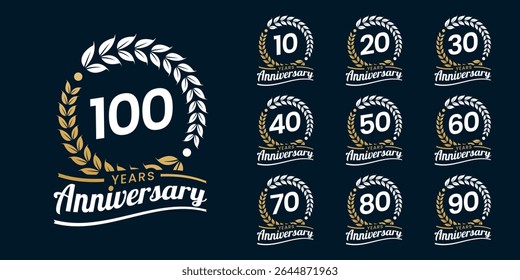 Set of vector icon or logo designs for 10th to 100th anniversary with laurel wreath, in gold color for celebrations, weddings and birthdays