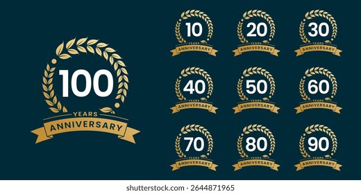Set of vector icon or logo designs for 10th to 100th anniversary with laurel wreath, in gold color for celebrations, weddings and birthdays