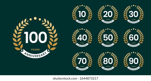 Set of vector icon or logo designs for 10th to 100th anniversary with laurel wreath, in gold color for celebrations, weddings and birthdays