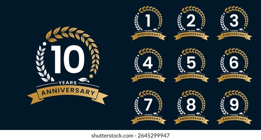 Set of vector icon or logo designs for 1st to 10th anniversary with laurel wreath, in gold color for celebrations, weddings and birthdays