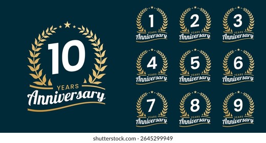 Set of vector icon or logo designs for 1st to 10th anniversary with laurel wreath, in gold color for celebrations, weddings and birthdays