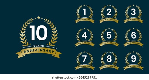 Set of vector icon or logo designs for 1st to 10th anniversary with laurel wreath, in gold color for celebrations, weddings and birthdays