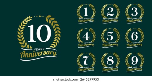 Set of vector icon or logo designs for 1st to 10th anniversary with laurel wreath, in gold color for celebrations, weddings and birthdays