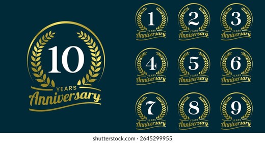 Set of vector icon or logo designs for 1st to 10th anniversary with laurel wreath, in gold color for celebrations, weddings and birthdays