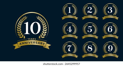 Set of vector icon or logo designs for 1st to 10th anniversary with laurel wreath, in gold color for celebrations, weddings and birthdays