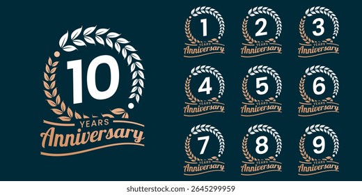 Set of vector icon or logo designs for 1st to 10th anniversary with laurel wreath, in gold color for celebrations, weddings and birthdays