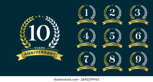 Set of vector icon or logo designs for 1st to 10th anniversary with laurel wreath, in gold color for celebrations, weddings and birthdays