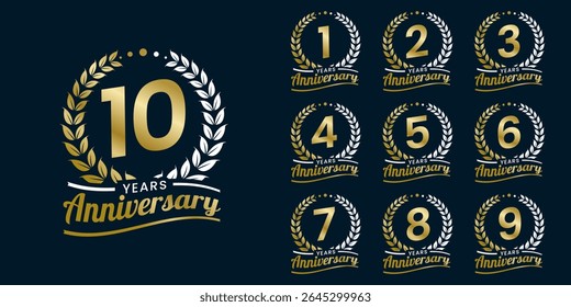 Set of vector icon or logo designs for 1st to 10th anniversary with laurel wreath, in gold color for celebrations, weddings and birthdays