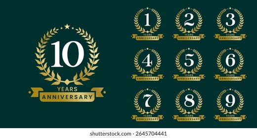 Set of vector icon or logo designs for 1st to 10th anniversary with laurel wreath, in gold color for celebrations, weddings and birthdays