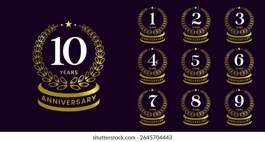 Set of vector icon or logo designs for 1st to 10th anniversary with laurel wreath, in gold color for celebrations, weddings and birthdays