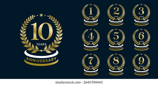 Set of vector icon or logo designs for 1st to 10th anniversary with laurel wreath, in gold color for celebrations, weddings and birthdays