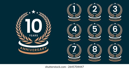 Set of vector icon or logo designs for 1st to 10th anniversary with laurel wreath, in gold color for celebrations, weddings and birthdays