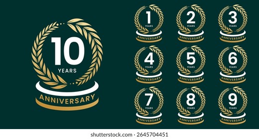 Set of vector icon or logo designs for 1st to 10th anniversary with laurel wreath, in gold color for celebrations, weddings and birthdays